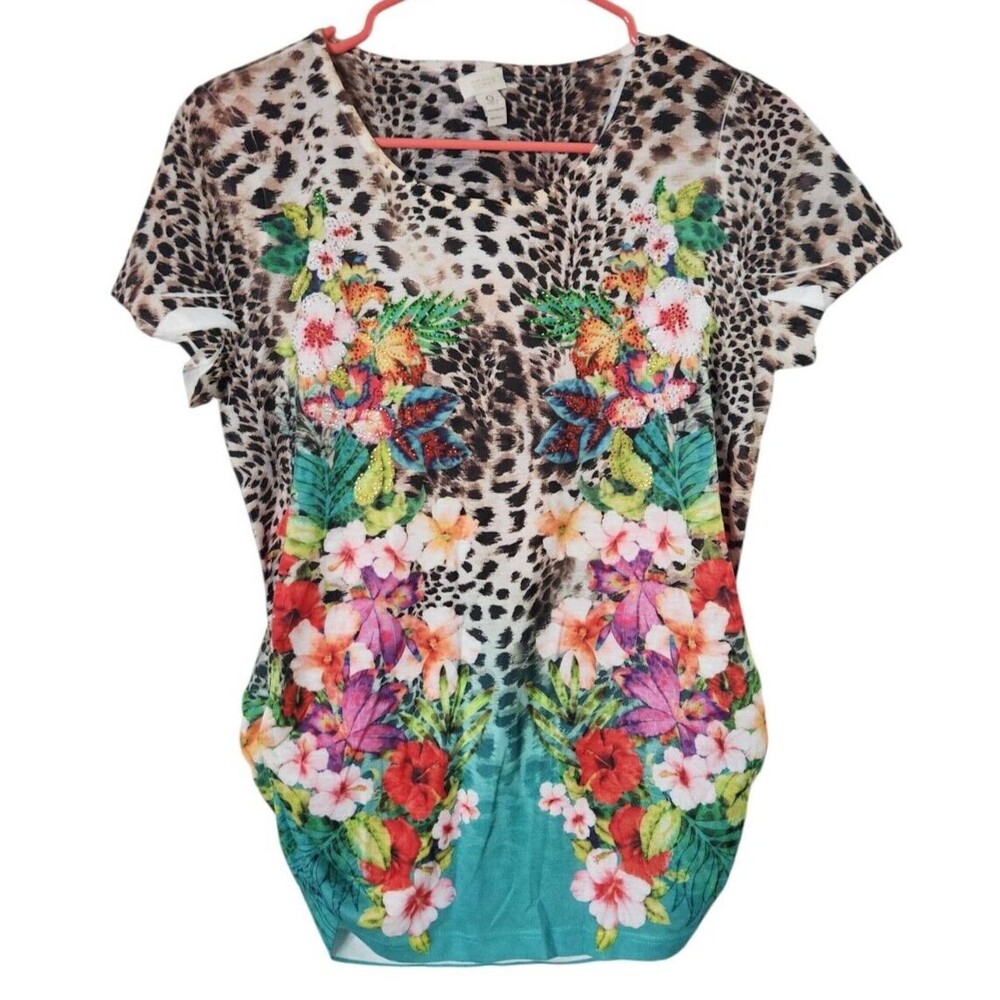 Chicos Womens Sz 0 Art To Wear Top Animal Print Floral Shirt Rhinestones